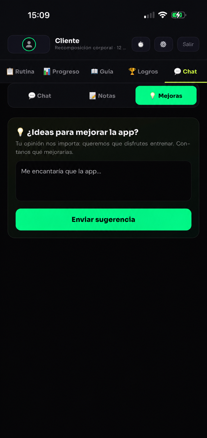 Chat directo con el entrenador en la app