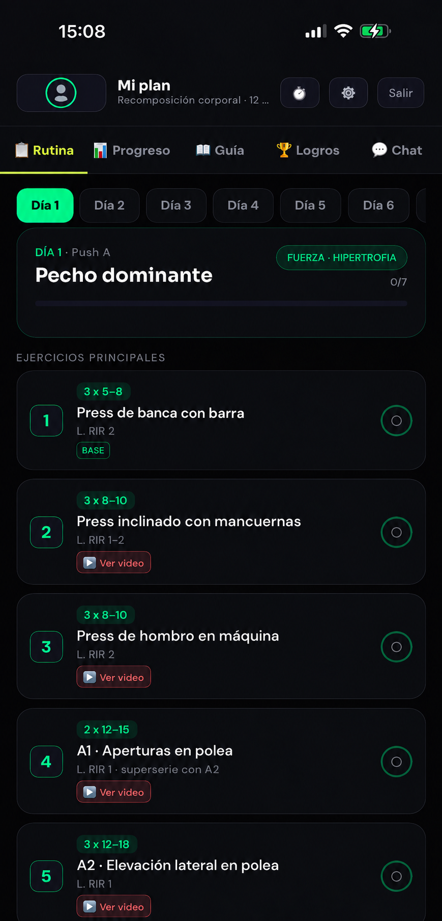 Pantalla de evaluación inicial de GV Fitness Apps