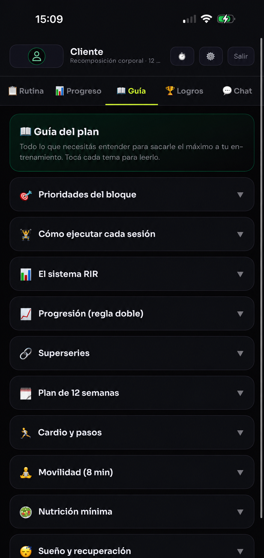 Guía del plan de entrenamiento en la app