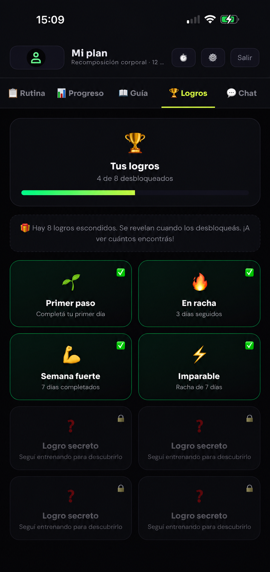 Logros y racha en la app de entrenamiento